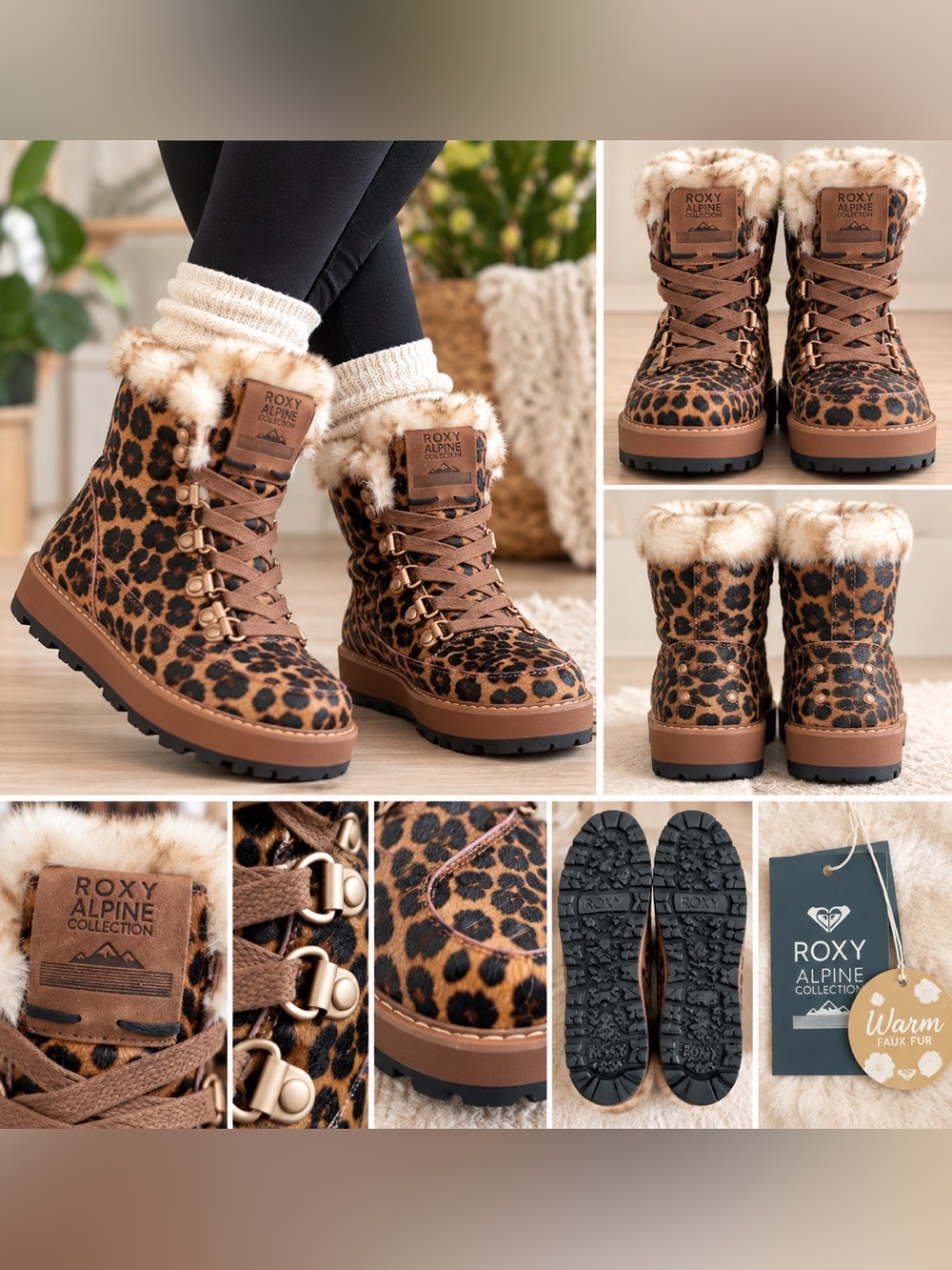 Roxy Sadie Alpine Leopard Faux Fur Winter Boots NWT Size 8